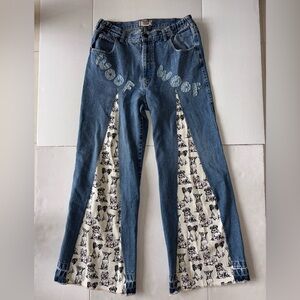 Woof Woof Upcycled Hand Created Denim Flare Jeans sz LG Unisex Style
